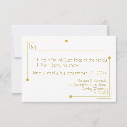 Art Deco 1920 Huwelijk Zwart Goud RSVP Kaarten (Achterkant)