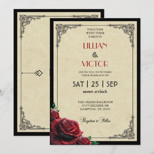 Art Deco 1920 Red Rose bruiloft Kaart (Voorkant / Achterkant)