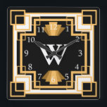 Art Deco  1920s Geometrisch Patroon Aangepast Vierkante Klok<br><div class="desc">gestileerd uit de jaren '20,  met de thema's geometrische tekendecoklok in tinten goud en zwart met aangepaste achtergrondkleur en monogram letter.</div>