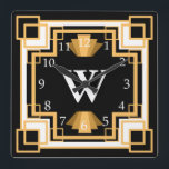 Art Deco  1920s Geometrisch Patroon Aangepast Vierkante Klok<br><div class="desc">gestileerd uit de jaren '20,  met de thema's geometrische tekendecoklok in tinten goud en zwart met aangepaste achtergrondkleur en monogram letter.</div>