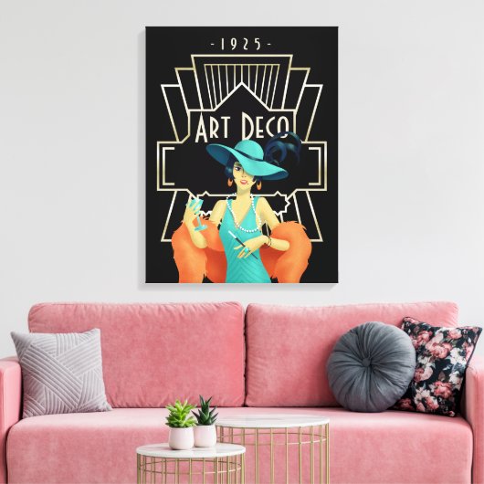 Art Deco 1920s Lady Cocktail Gold Lijst Black Canvas Afdruk (Insitu (Woonkamer))