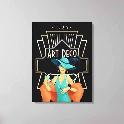 Art Deco 1920s Lady Cocktail Gold Lijst Black Canvas Afdruk (Voorkant)