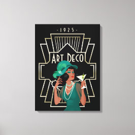 Art Deco 1920s Lady Green Dress Gold Lijst Black Canvas Afdruk