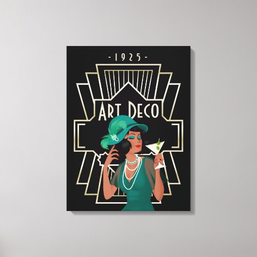 Art Deco 1920s Lady Green Dress Gold Lijst Black Canvas Afdruk (Voorkant)