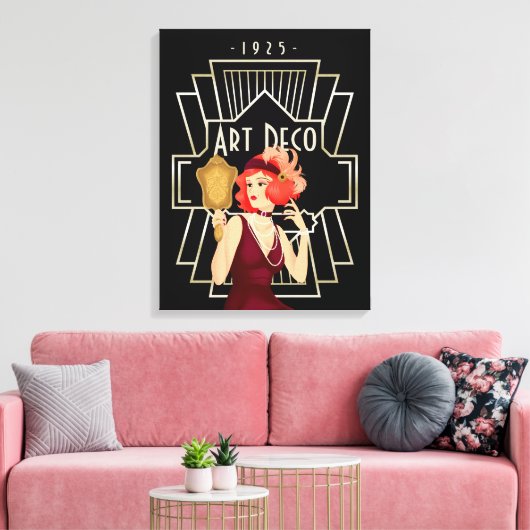 Art Deco 1920s Lady Mirror Gold Lijst Black Canvas Afdruk (Insitu (Woonkamer))