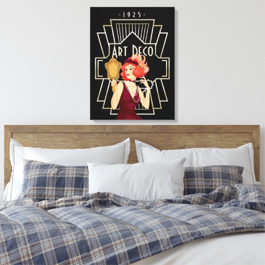 Art Deco 1920s Lady Mirror Gold Lijst Black Canvas Afdruk (Insitu (Slaapkamer))