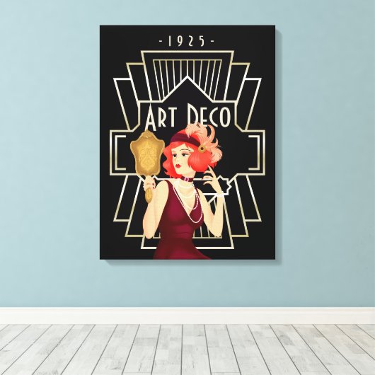 Art Deco 1920s Lady Mirror Gold Lijst Black Canvas Afdruk (Insitu (Houten vloer))