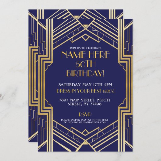 Art Deco 1920's Verjaardag Nodig Gatsby Gold Pary Kaart (Voorkant / Achterkant)