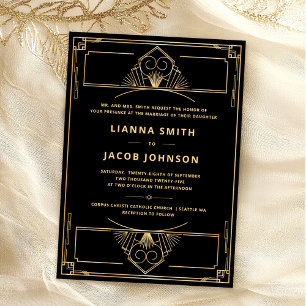 Art Deco 1920s Zwart Goud Huwelijk Kaart