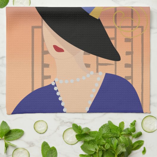 Art Deco 1930s Vrouw in Pet met Chrysler Building Theedoek (Gevouwen)