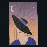Art Deco 1930s Vrouw in Pet met Chrysler Building Theedoek<br><div class="desc">Keuken handdoek met jaren 1930 stijl print van een vrouw in de voorkant van New York Chrysler Building.</div>