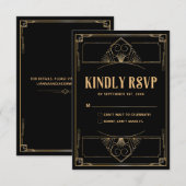 Art Deco 20s Elegante Zwart Goud Trouwen RSVP Kaar Bedankkaart (Voorkant / Achterkant)