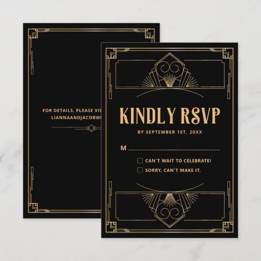 Art Deco 20s Elegante Zwart Goud Trouwen RSVP Kaar Bedankkaart (Voorkant / Achterkant)