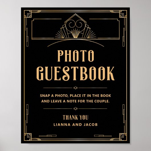 Art Deco 20s Zwart Goud Trouwfoto Guestbook Poster (Voorkant)
