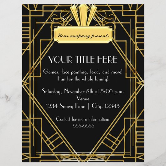 Art Deco 20's Zwarte Gouden Glam Evenement Flyer P (Voorkant)