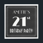 Art Deco 21st Birthday Party met aangepaste naam Servet<br><div class="desc">Deze elegante stijl van 1920s/1930s inspireerde 21e verjaardag viering/partijpapier servet ontwerp kenmerkt een editable naam, een fancy kunstdeco die het geïnspireerde aantal "21st", het bericht "BIRTHDAY PARTY!", en een grenspatroon dat uit lijnen bestaat. Het kenmerkt een zwart-gekleurde achtergrond door gebrek, maar het kan aan een verschillende kleur worden aangepast, indien...</div>
