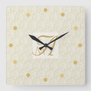 Art Deco 3 Initiaal Monogram Gold Cream Pattern Sq Vierkante Klok