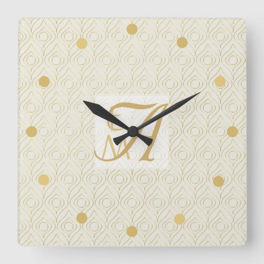 Art Deco 3 Initiaal Monogram Gold Cream Pattern Sq Vierkante Klok (Voorkant)