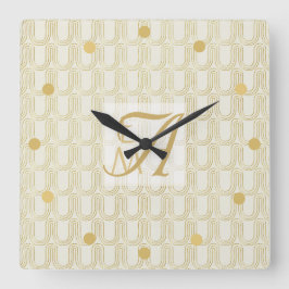 Art Deco 3 Letter Monogram Gold Cream Pattern Squ Vierkante Klok