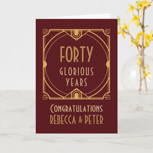 Art Deco 40e bruiloft Jubileum Namen Ruby Rood Kaart (Gele Bloem)