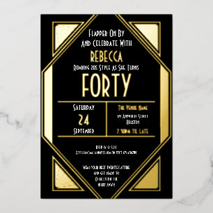 Art Deco 40e verjaardag Zwart Goud Echt Folie Uitnodiging