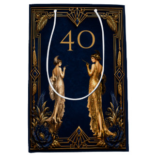 Art Deco 40ste verjaardag flappermeisjes blauw gou Medium Cadeauzakje