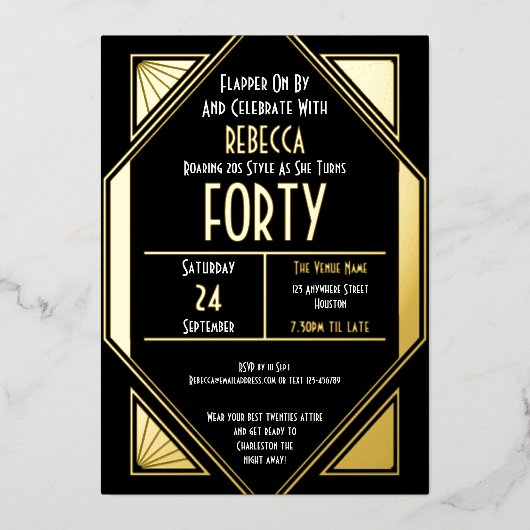 Art Deco 40th Birthday Black Gold Real Folie Uitnodiging (Voorkant)