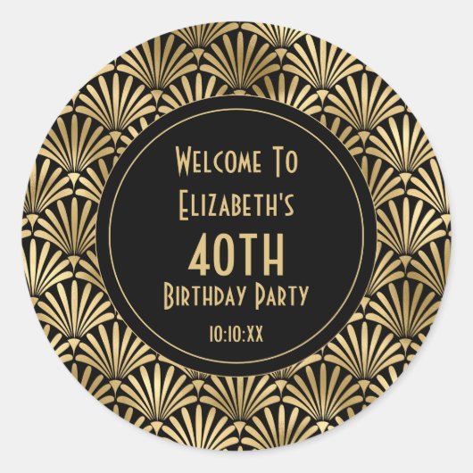 Art Deco 40th Birthday Party Black | Goudveer Ronde Sticker (Voorkant)