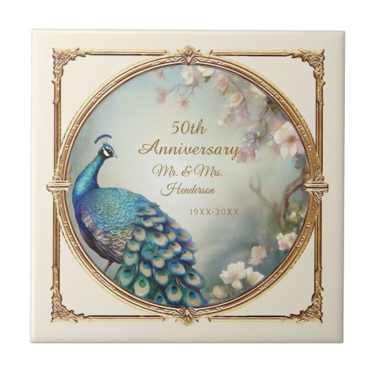 Art Deco 50e Jubileum Pauw Flower Elegant Tegeltje (Voorkant)