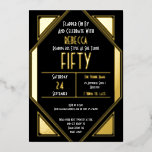 Art Deco 50th Birthday Black Gold Real Folie Uitnodiging<br><div class="desc">Art Deco 50th Birthday Black Gold Real Viel je vijftigste gewonde twintigste stijl uit en nodig je gasten uit met dit glazen ontwerp met echte folie elementen, in goud, zilver of roos goud. Pas de tekst eenvoudig aan en u kunt de achtergrondkleur aan beide zijden ook wijzigen als u dat...</div>