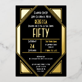 Art Deco 50th Birthday Black Gold Real Folie Uitnodiging