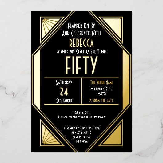 Art Deco 50th Birthday Black Gold Real Folie Uitnodiging (Voorkant)