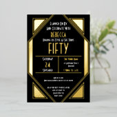 Art Deco 50th Birthday Black Gold Real Folie Uitnodiging (Staand Voorkant)