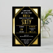 Art Deco 60th Birthday Black Gold Real Folie Uitnodiging (Staand Voorkant)