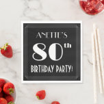 Art Deco: 80th Birthday Party met aangepaste naam Servet<br><div class="desc">Deze luxe stijl van 1920-1930 inspireerde de tachtigste verjaardag van het servet-ontwerp van de verjaardagsdag. Het servet bevat een aanpasbare naam, een ingewikkelde kunstdecostijl geïnspireerd op nummer "80th", het bericht "BIRTHDAY PARTY!" en een grenspatroon bestaande uit lijnen. Het heeft een zwart-gekleurde achtergrond door gebrek, maar het kan aan een verschillende...</div>