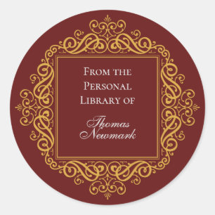 Art Deco aangepast donkerrood en goud rond ex-libr Ronde Sticker