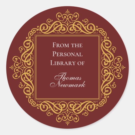 Art Deco aangepast donkerrood en goud rond ex-libr Ronde Sticker (Voorkant)