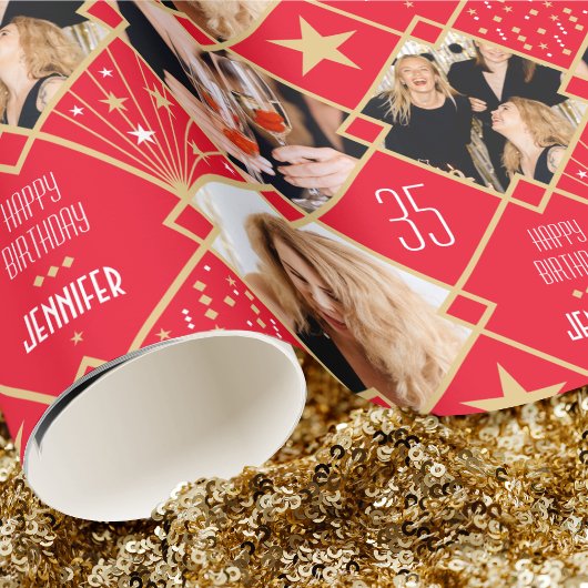 Art Deco Aangepaste leeftijd naam & foto's Birthda Cadeaupapier
