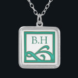 Art Deco Abstract Blauwgroen vierkant monogram Zilver Vergulden Ketting<br><div class="desc">Minimalistisch kunstdecor  blauwgroen vierkant design.</div>