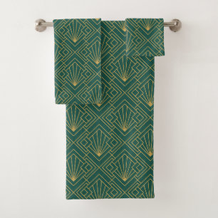 Art Deco Abstract Geometrisch Groen en Goud Bad Handdoek