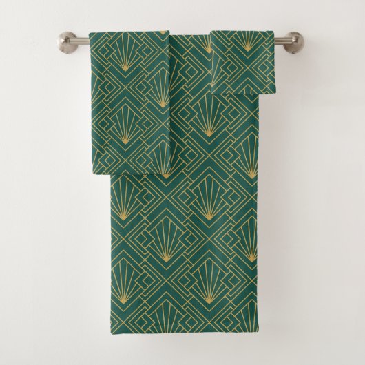 Art Deco  Abstract Geometrisch Groen en Goud Bad Handdoek (Insitu)