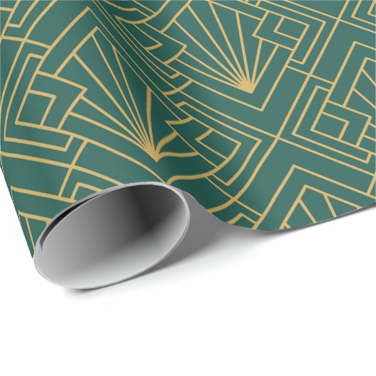 Art Deco  Abstract Geometrisch Groen en Goud Cadeaupapier (Rol Hoek)