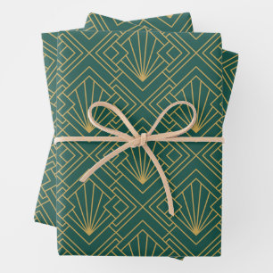 Art Deco  Abstract Geometrisch Groen en Goud Inpakpapier Vel