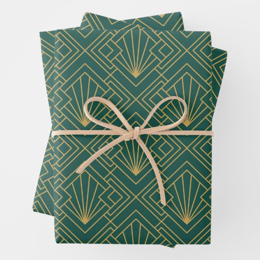 Art Deco  Abstract Geometrisch Groen en Goud Inpakpapier Vel (In situ)