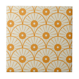 Art Deco Abstracte Oranje Zon op Wit Tegeltje
