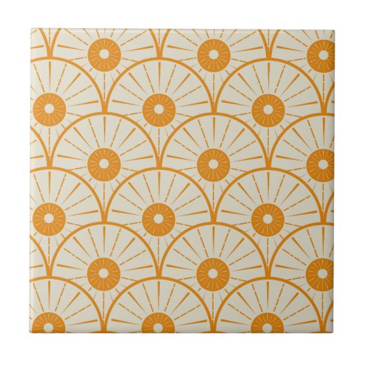 Art Deco Abstracte Oranje Zon op Wit Tegeltje (Voorkant)