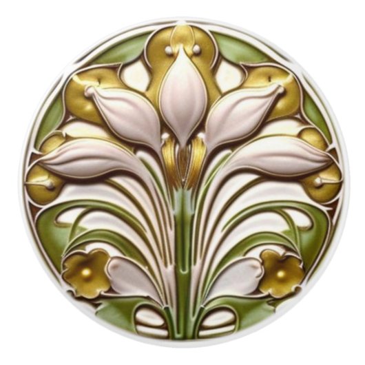 Art Deco Abstracte Witte Gouden Bloem Keramische Knop (Voorkant)