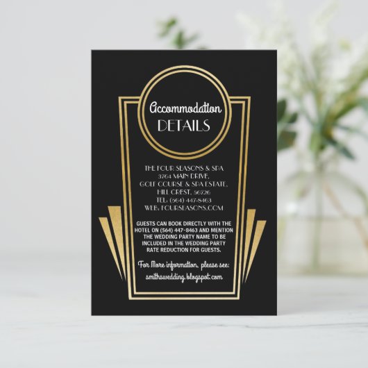 Art Deco Accommodding Wedding-kaarten Gold Black Informatiekaartje (Staand voorkant)