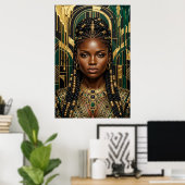 Art Deco Afrofuturisme Smaragd Goud Zwarte Koningi Poster (Thuiskantoor)