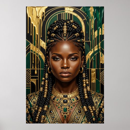 Art Deco Afrofuturisme Smaragd Goud Zwarte Koningi Poster (Voorkant)